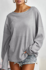 Grey Waffle Knit Cinched Backless Drop Shoulder Long Sleeve Top