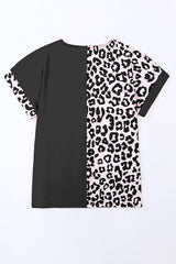 Black Leopard Print Color Block Rolled Up Sleeve Casual T Shirt