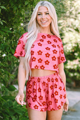 Rose Floral Print Crop Tee and Slits Shorts Pajama Set