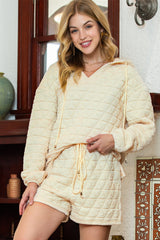 Beige Quilted Hoodie and Drawstring Shorts Set