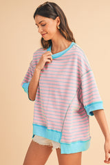 Pink Stripe Colorblock Drop Sleeve Oversized T Shirt