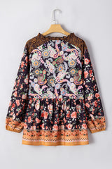 Black Plus Size Paisley Print V Neck Bubble Sleeve Blouse