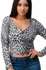 Cute and flirty long sleeve surplice top, made from a leopard printed