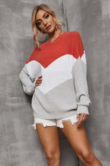 Color Block Round Neck Rib-Knit Sweater