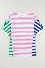 Blue Stripe Patchwork Slits Baggy T Shirt