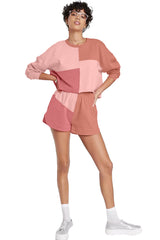 Sky Blue Colorblock Long Sleeve Top & Pocketed Shorts Set