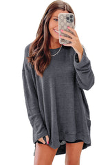 Khaki Plain Waffle Knit Drop Sleeve Side Slits Oversized Top