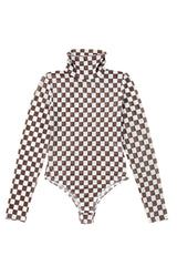 Black Checkered Print Long Sleeve Mock Neck Bodysuit