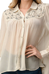 Mesh Blouse Shirt Top With Beaded Jewel Trim