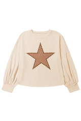 Beige Star Pattern Studded Crew Neck Plus Size Top