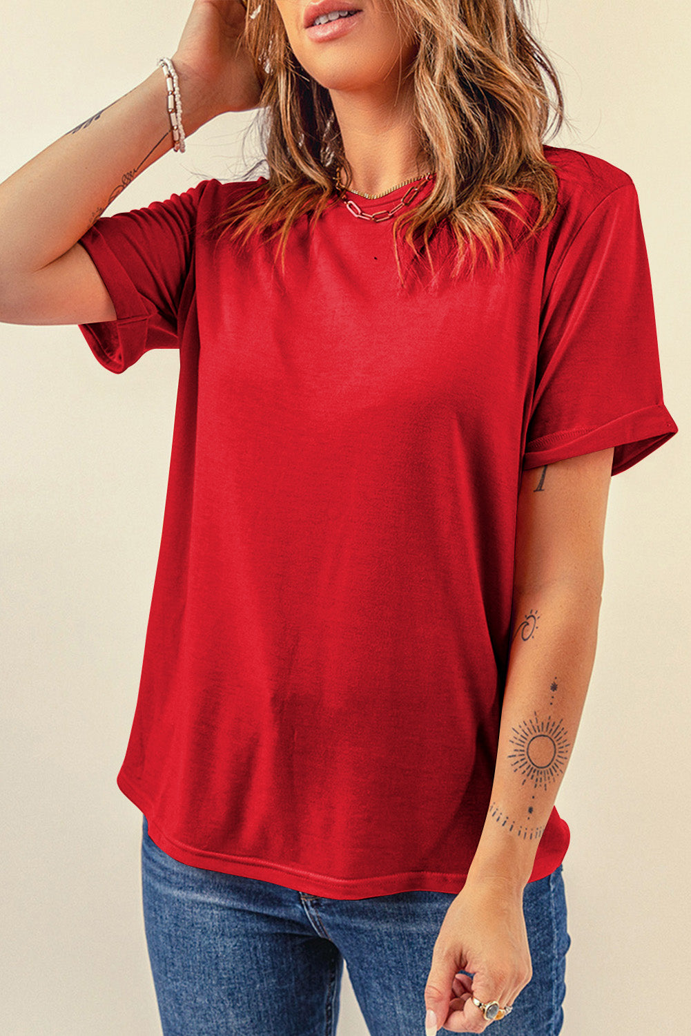 Red Solid Color Basic Crew Neck Plain Tee