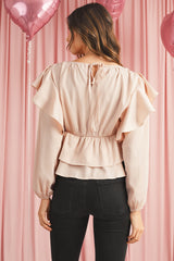 Oatmeal Elegant Satin Ruffle Long Sleeve Blouse