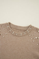 Smoke Gray Pearl Drop Shoulder Round Neck Sweater