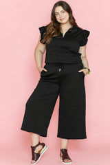 Black Plus Ruffled Sleeve Quarter Zip Top & Wide Leg Pants Set