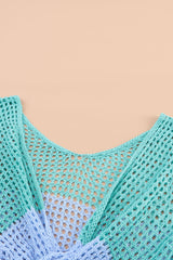 Green Color Block Twisted Back Hollow Out Knit Top