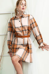 Khaki Plaid Pattern Collared Neck Ruffled Sleeve Shirt Dress