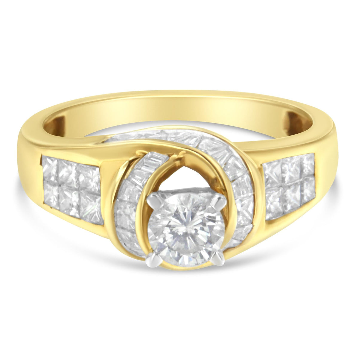 14K Two-Toned Gold Round, Baguette and Princess Cut Diamond Ring (1 1/