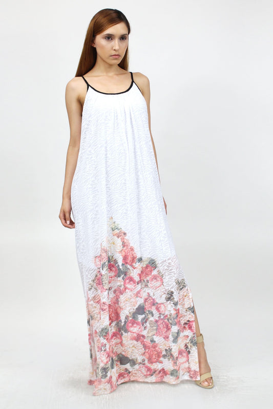 Rose Print Side Slit Long Dress