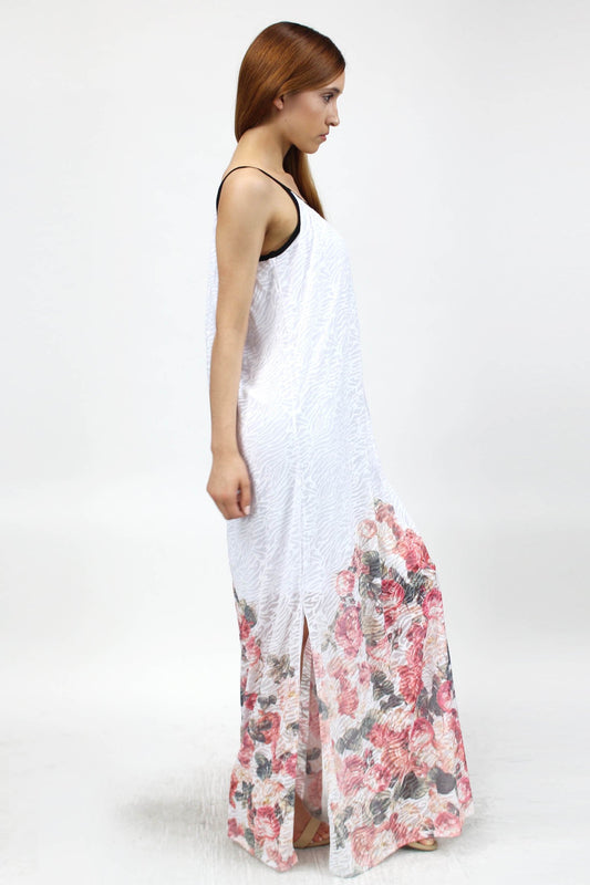 Rose Print Side Slit Long Dress