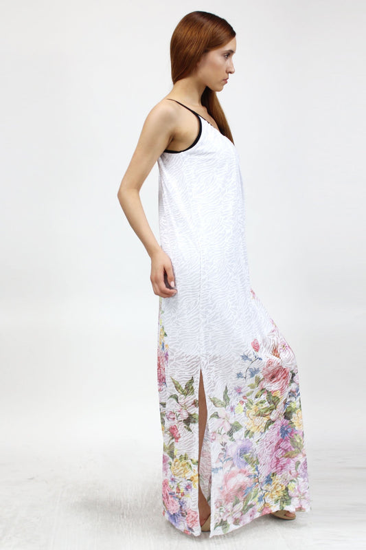 Flower Print Side Slit Long Dress