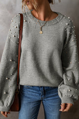 Smoke Gray Pearl Drop Shoulder Round Neck Sweater