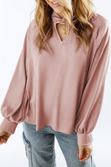 Pink Elegant Keyhole Long Sleeve Satin Blouse