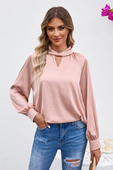 Pink Elegant Keyhole Long Sleeve Satin Blouse