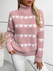 Heart Turtleneck Dropped Shoulder Sweater