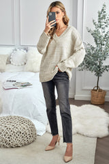 White V Neck Drop Shoulder Knitted Sweater