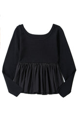 Black Pleated Hem Long Sleeve Ribbed Knit Top