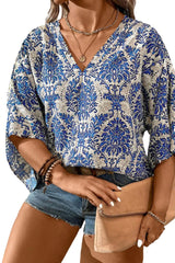 Blue Ethnic Print 3/4 Sleeve V Neck Plus Size Blouse