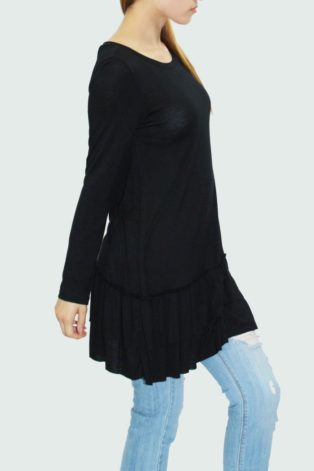 Ruffle bottom long sleeve tunic Black