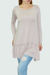 Ruffle bottom long sleeve tunic Beige