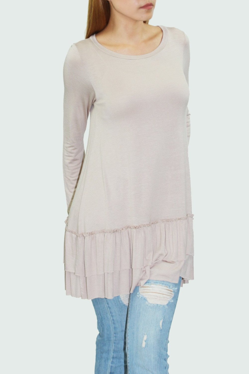 Ruffle bottom long sleeve tunic Beige