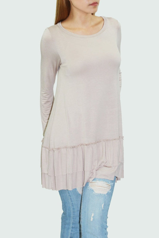 Ruffle bottom long sleeve tunic Beige