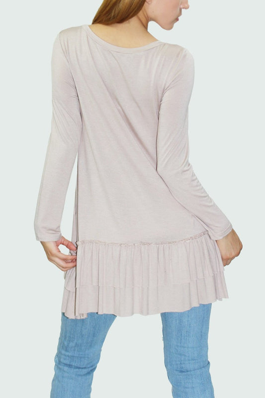 Ruffle bottom long sleeve tunic Beige