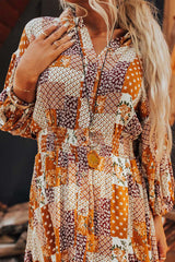 Orange Boho Floral Puff Sleeve Smocked Waist Mini Shirt Dress