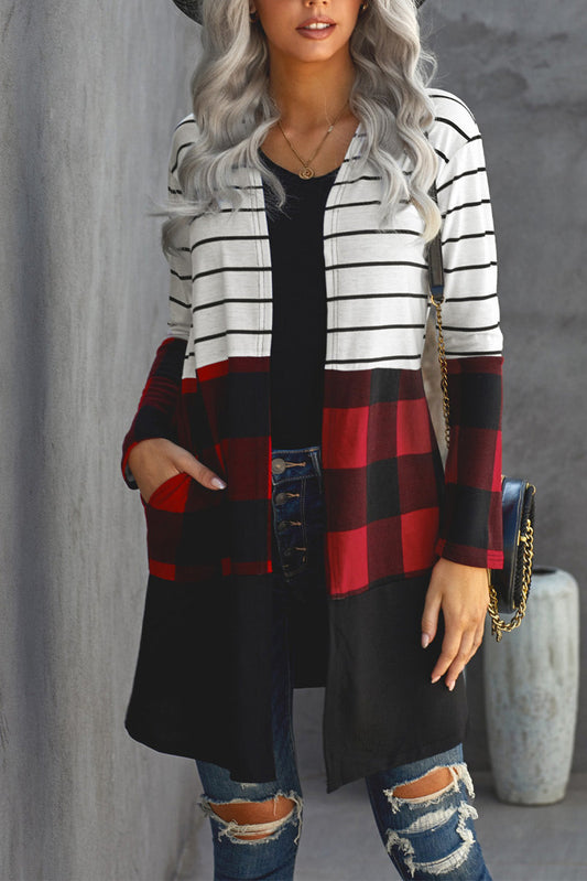 Fiery Red Plaid Colorblock Striped Cardigan