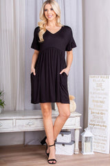 V-Neck Flounce Sleeve Dress with Pockets