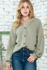 Green Exposed Seam Button Front Waffle Knit Cardigan