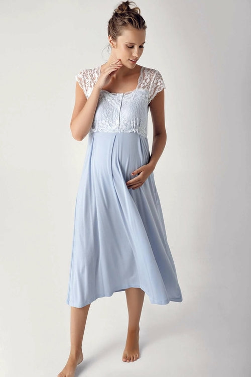 Shopymommy 13109 Lace Maternity & Nursing Nightgown Blue