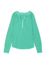 Green Solid Color Waffle Knit Long Sleeve Henley Shirt