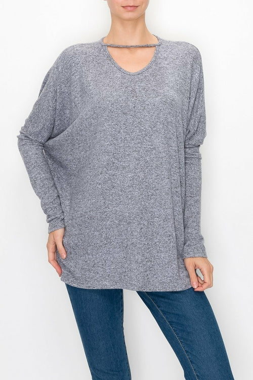 Cutout Front Long Sleeve Top - Grey