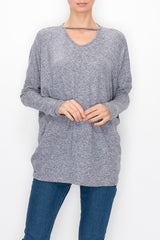 Cutout Front Long Sleeve Top - Grey