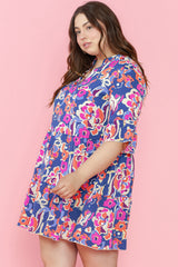 Blue Plus Size Floral Print Bell Sleeve Mini Dress