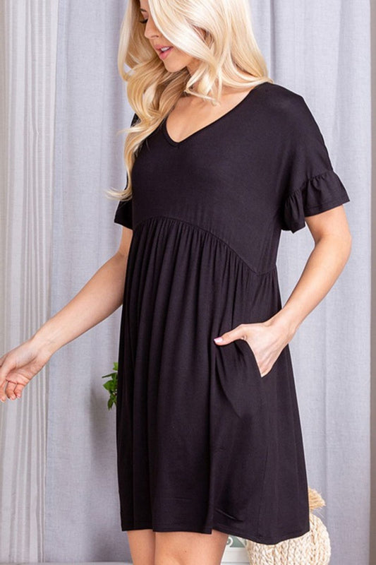 V-Neck Flounce Sleeve Dress with Pockets