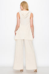 Sleeveless Hooded Top and Wide Leg Pants Set - Ivory