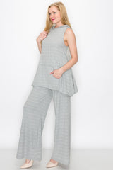 Sleeveless Hooded Top and Wide Leg Pants Set - Gray