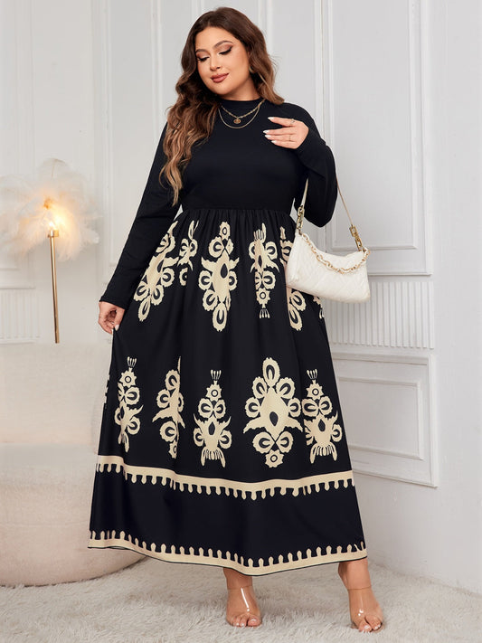 Plus Size Printed Mock Neck Long Sleeve Dress