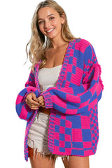 Orchid Petal Colorblock Checked Open Front Knitted Cardigan